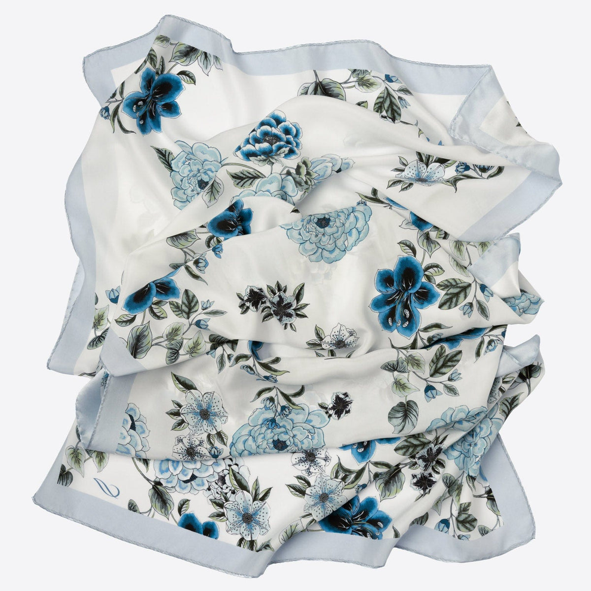 Blue Floral Italian Silk Satin Shawl