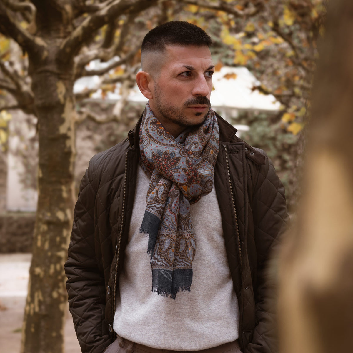 
Lightweight Italian Wool Scarf - Steel Blue Paisley