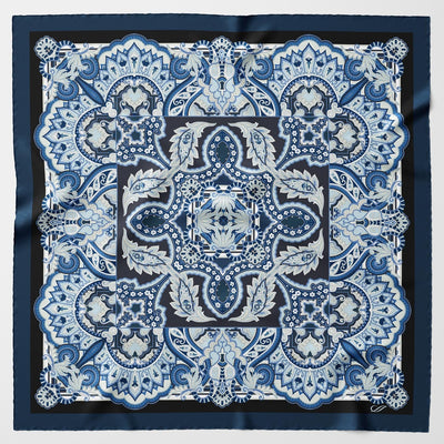 Italian Silk Satin Equestrian Square Scarf - Blue