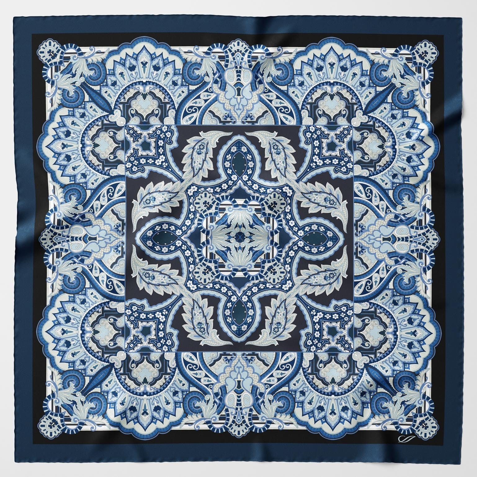 Italian Silk Satin Equestrian Square Scarf - Blue