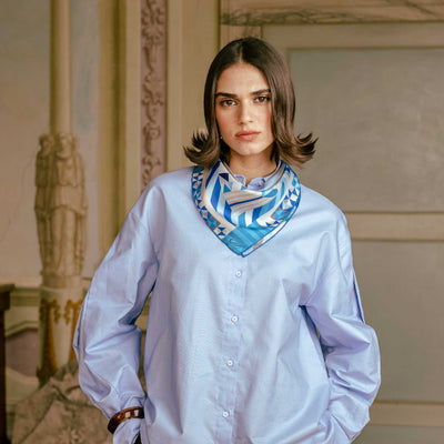 Women's Geometric Blue Silk Bandana