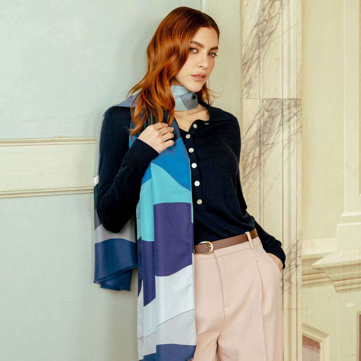 Italian Designer Blue Silk Scarf