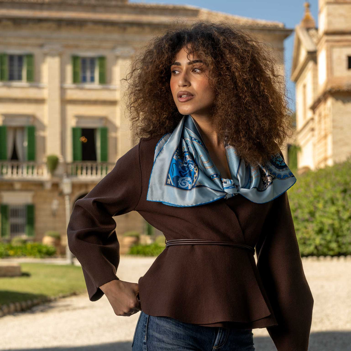 Blue paisley luxury designer handmade Italian silk scarf