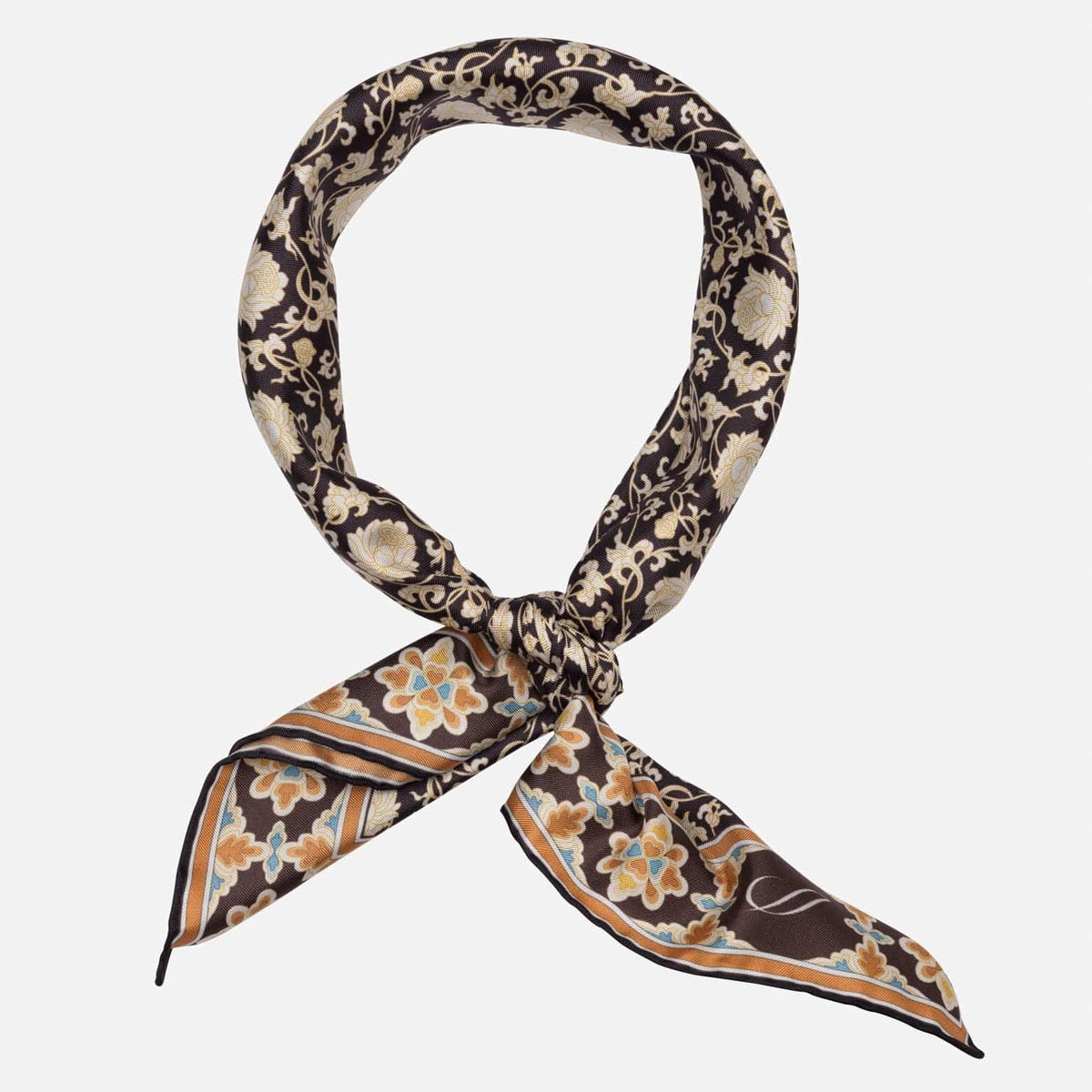 Brown Floral Italian Silk Neckerchief