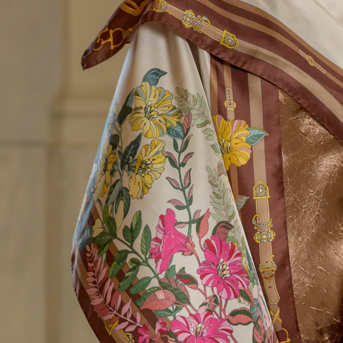 Italian Brown Floral Long Silk Scarf