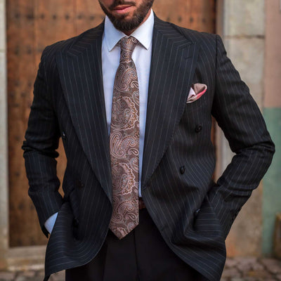 Handmade brown and pink Italian silk paisley necktie