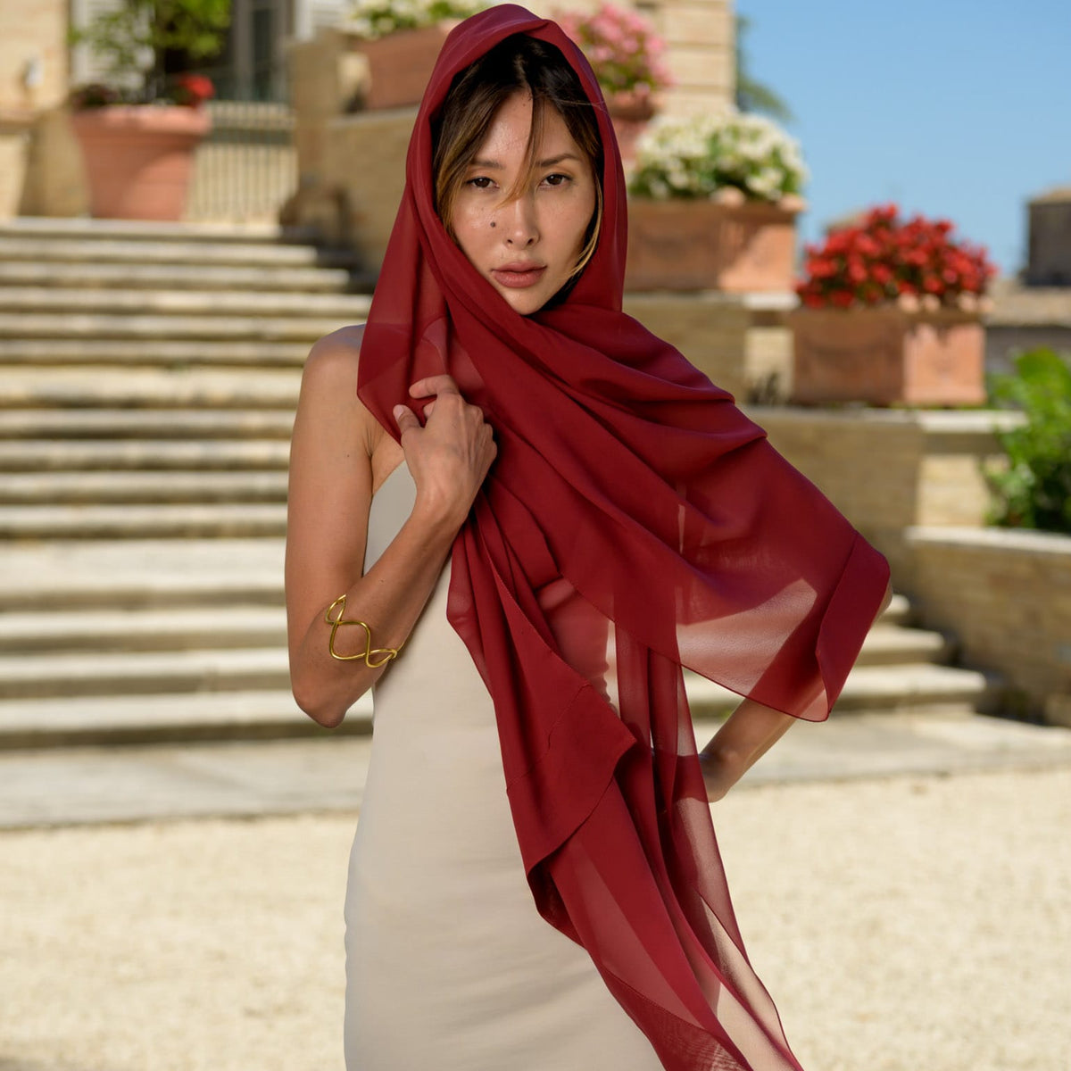 Burgundy Large Silk Georgette Wrap Shawl