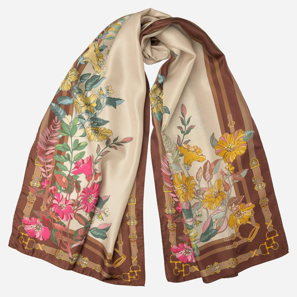 Italian Brown Floral Long Silk Scarf