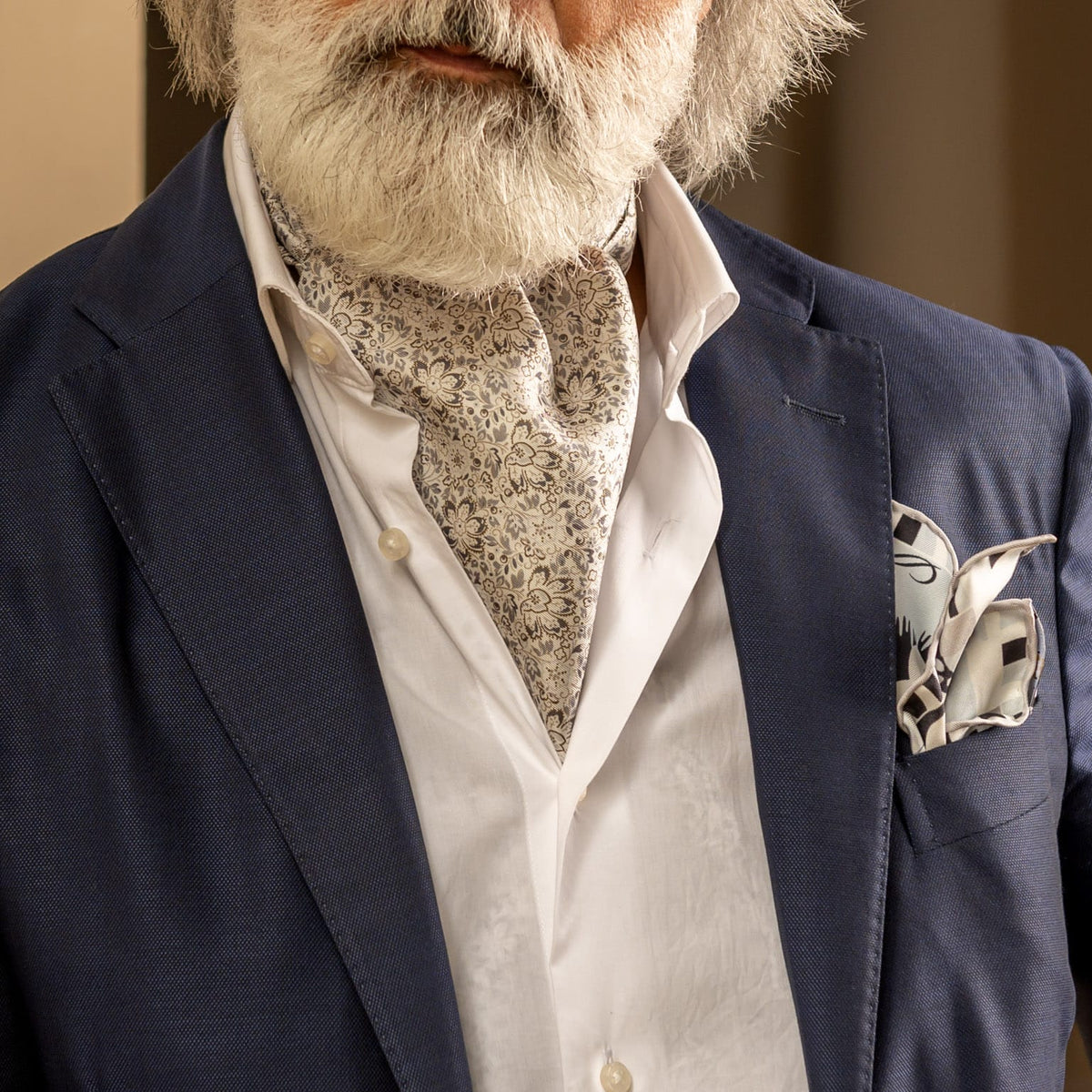 Silver Grey Floral Italian Silk Ascot Tie