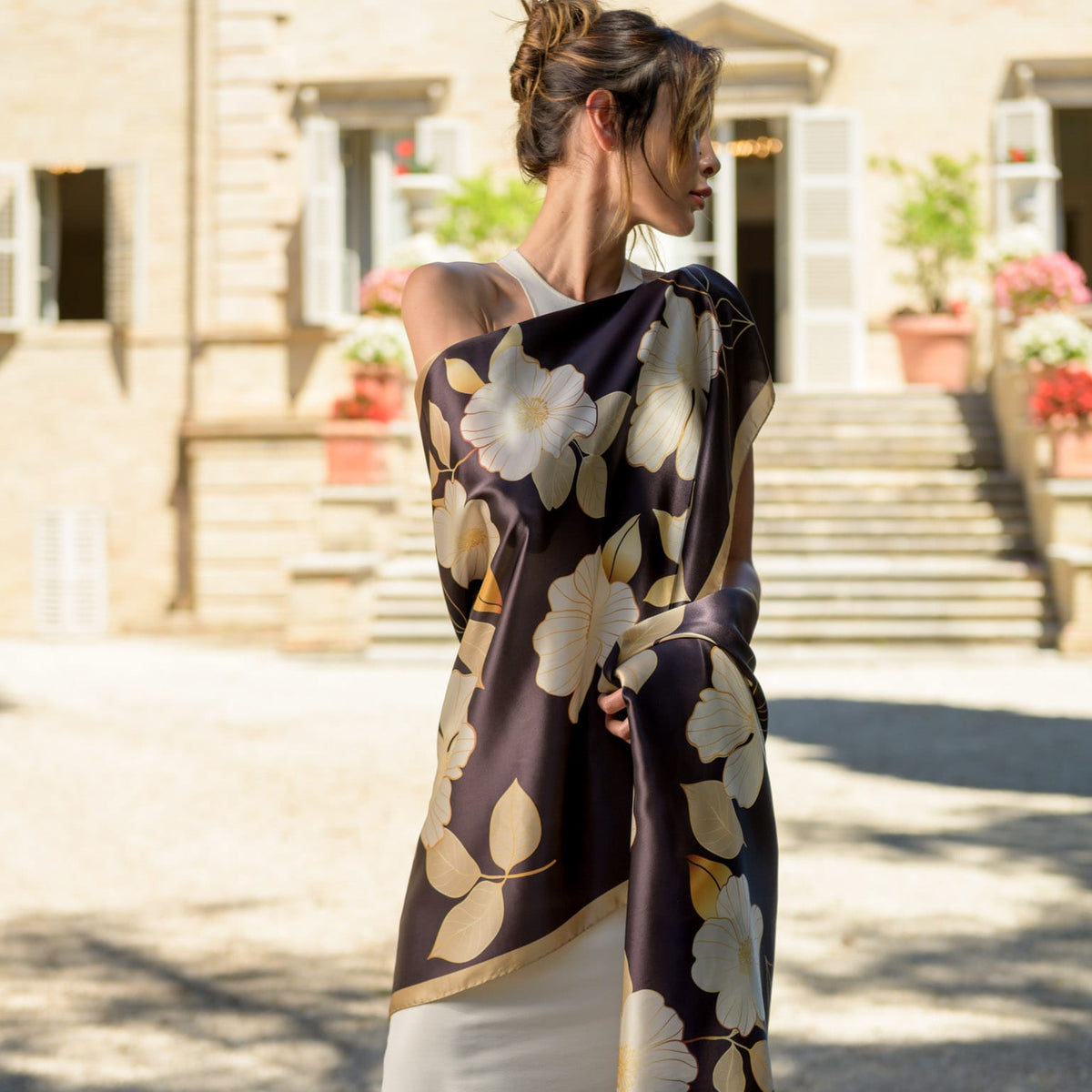 Italian Silk Satin Evening Shawl - Brown