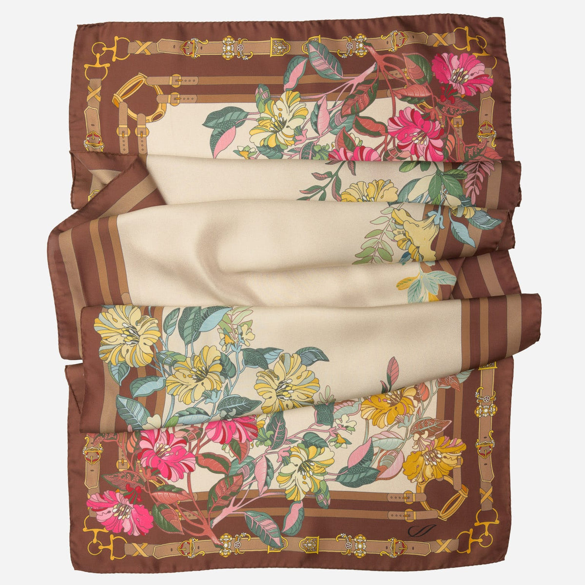 Italian Brown Floral Long Silk Scarf