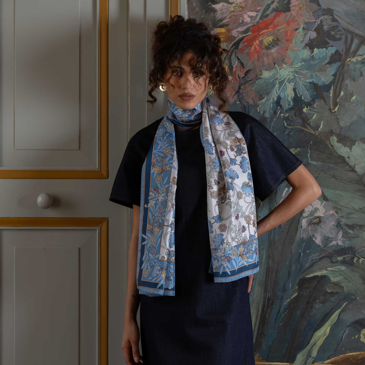 Women's Blue Floral Italian Silk Scarf
