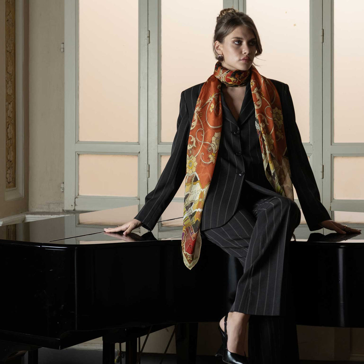 Orange Floral Silk Large Shawl Wrap