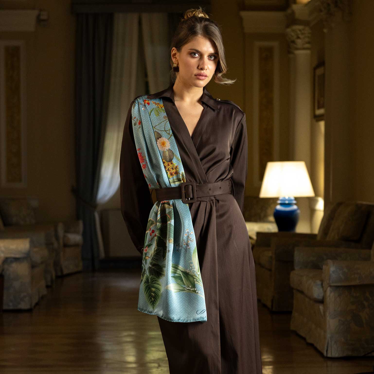 Sky Blue Floral Silk Satin Long Scarf Sky Blue Floral Silk Satin Long Scarf