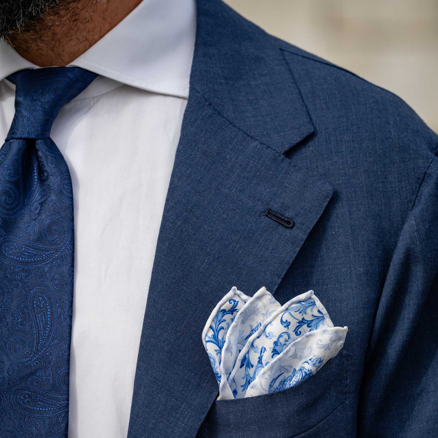 Blue and White Double Sided Silk Pocket Square