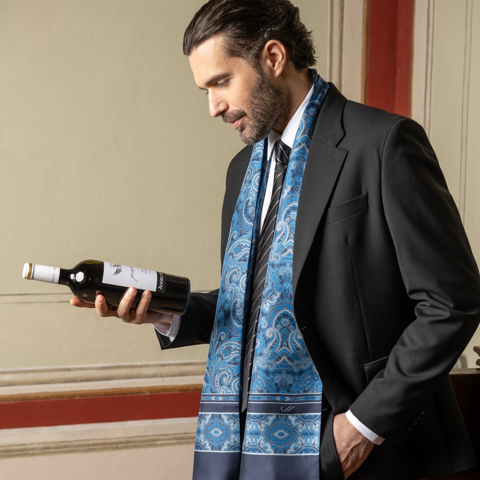 double sided blue Italian silk scarf for men