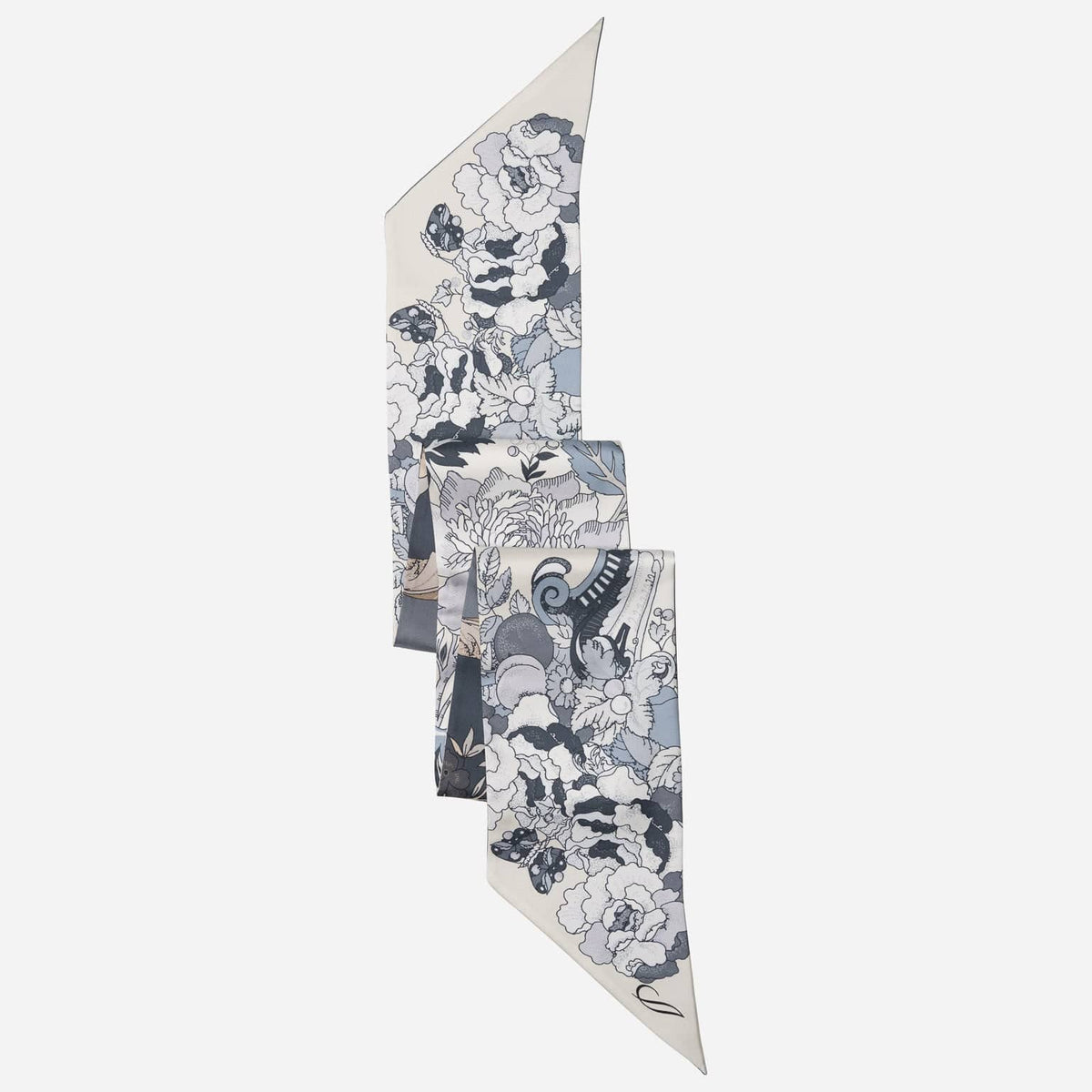 Dusty Blue Floral Italian Skinny Silk Scarf