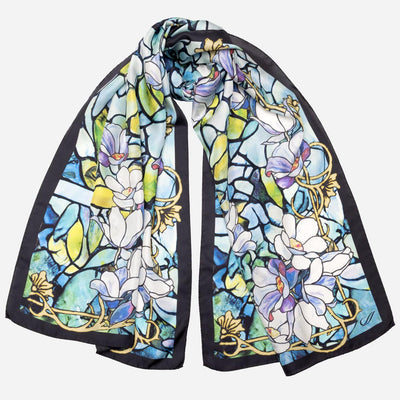 Blue Floral Print Long Silk Scarf