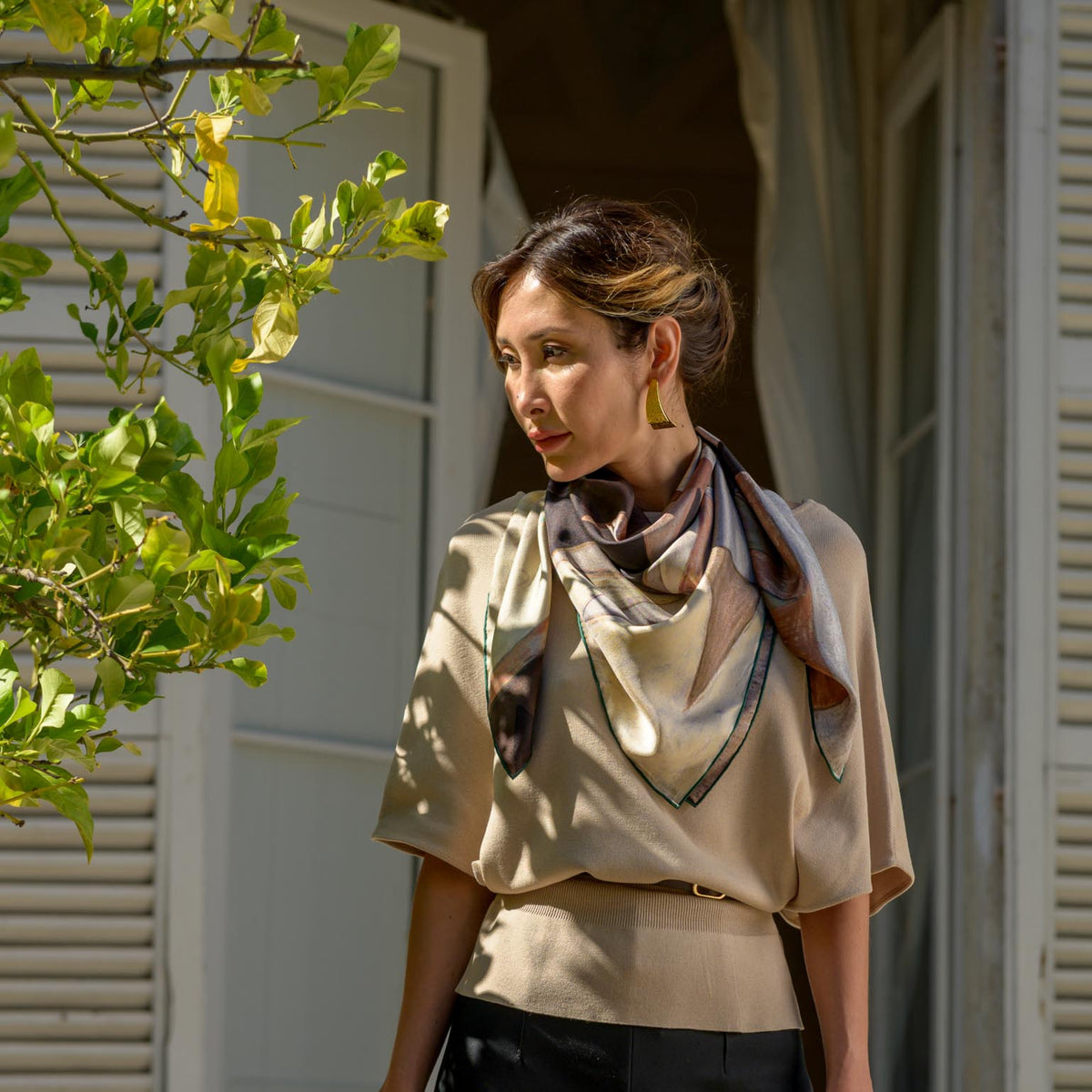 Brown Italian Designer Silk Scarf