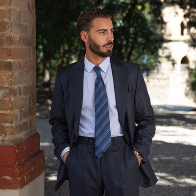 Handmade Marine Blue Striped Silk Tie