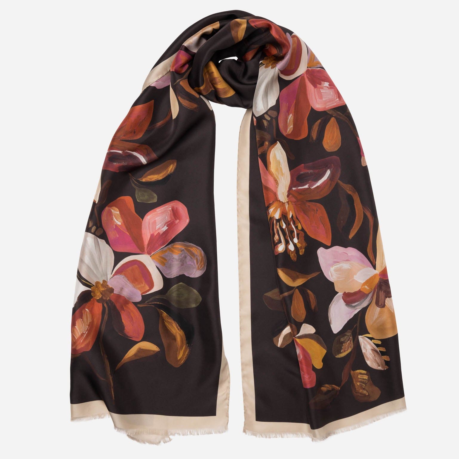 Women's Italian Silk Scarf Floral Dark Brown