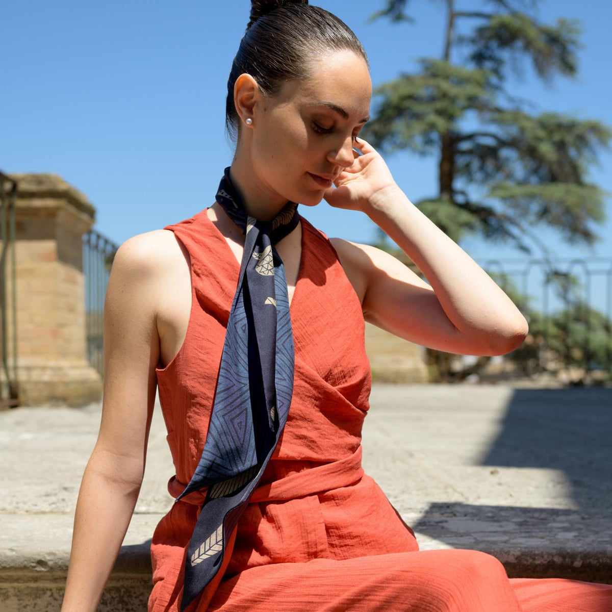 Italian Designer Navy Skinny Silk Scarf