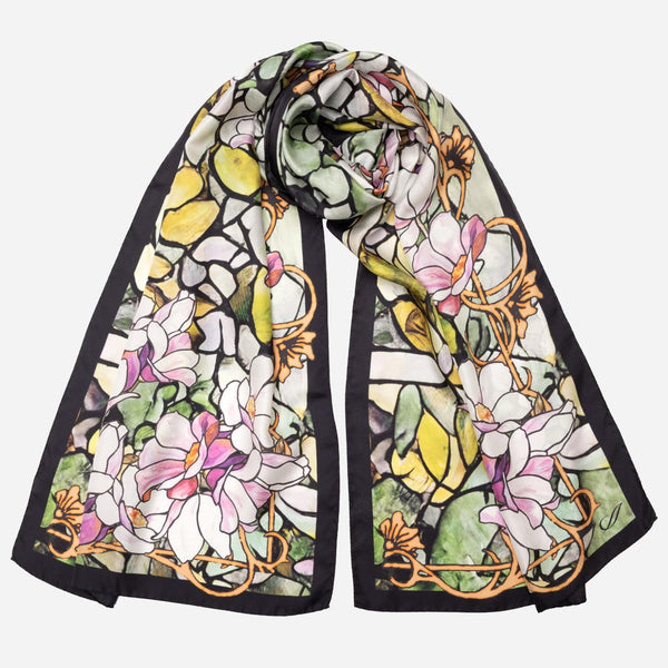 Pink Floral Print Silk Satin Long Scarf