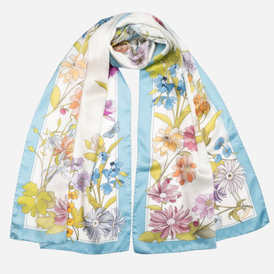 Sky Blue Floral Silk Satin Long Scarf