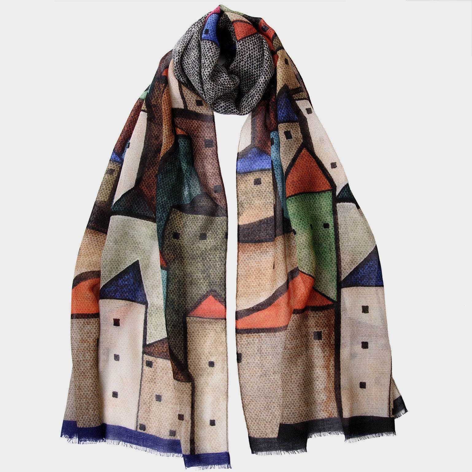 Soft wool scarf with village print made in Italy