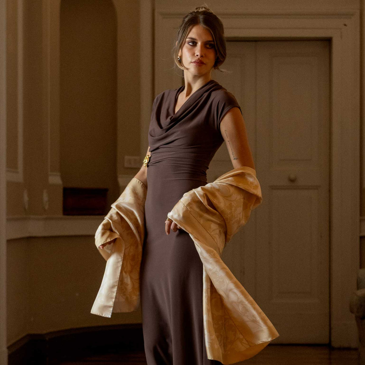 Gold Floral Italian Silk Evening Shawl