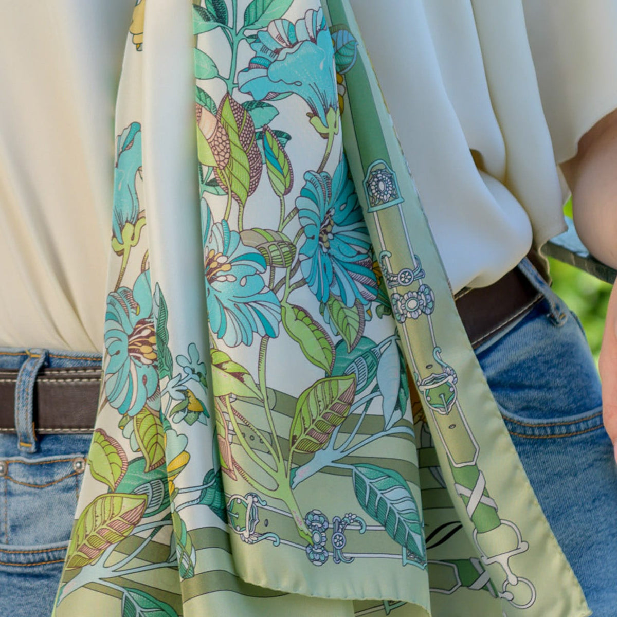 Italian Green Floral Long Silk Scarf