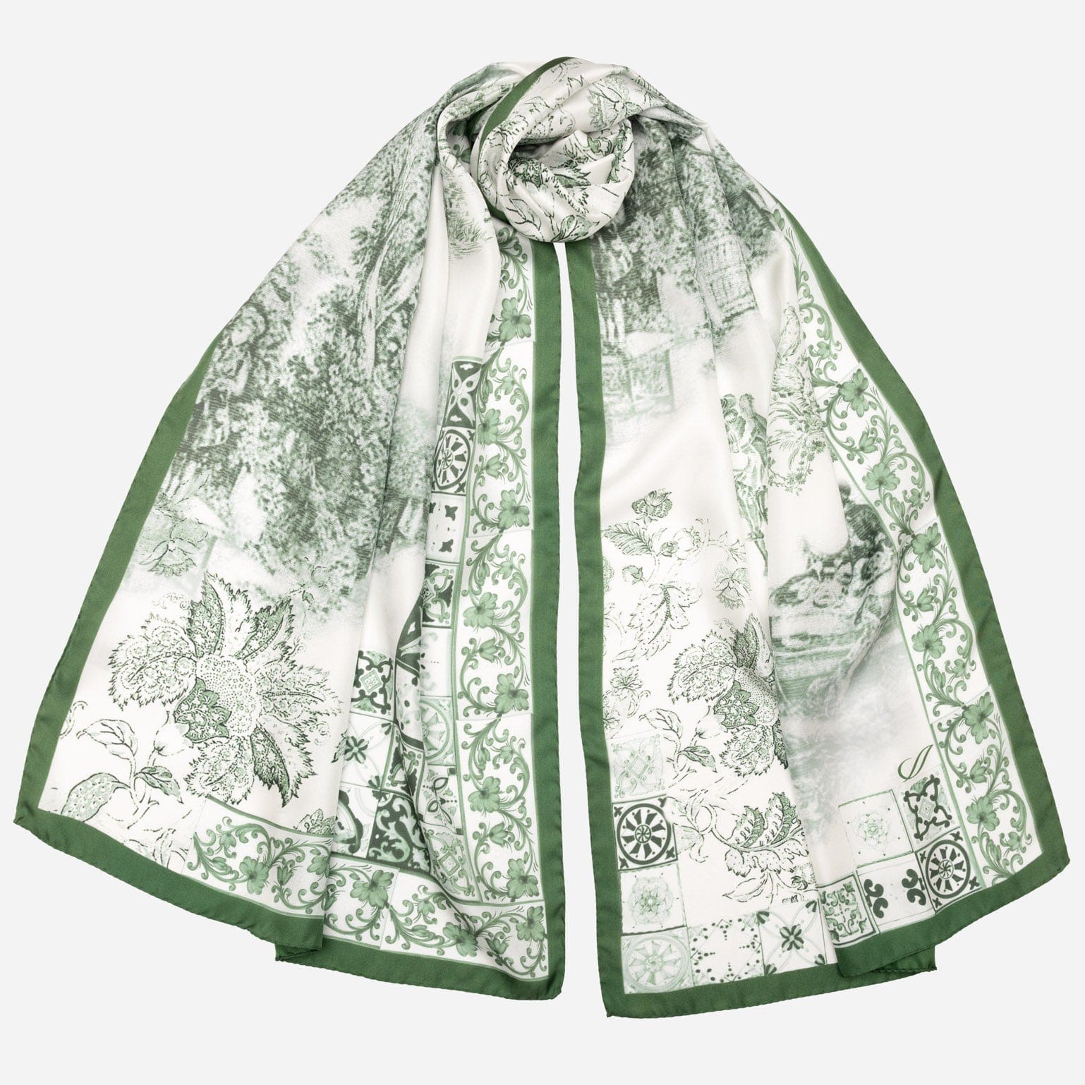 luxury Italian silk scarf - green toile de jouy