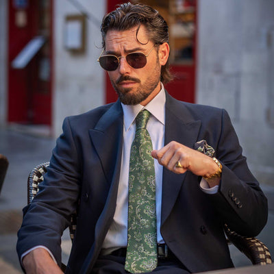 Green paisley Italian designer silk tie