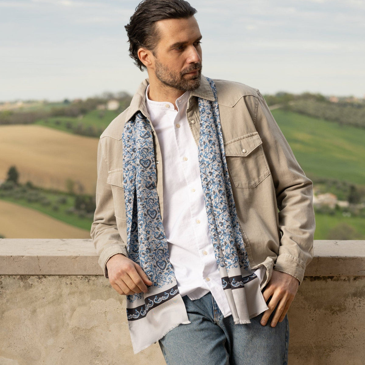 grey and blue luxury Italian silk scarf.