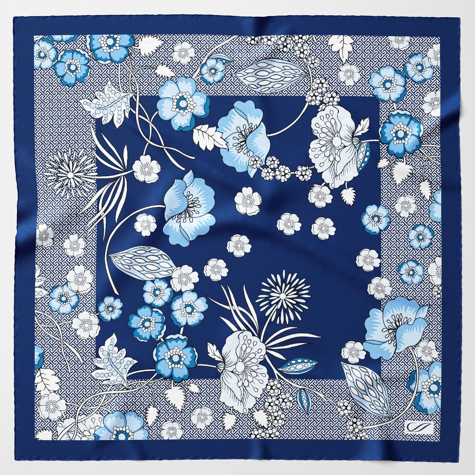 Blue Silk Neckerchief - Floral Print Made in Italy - Elizabetta