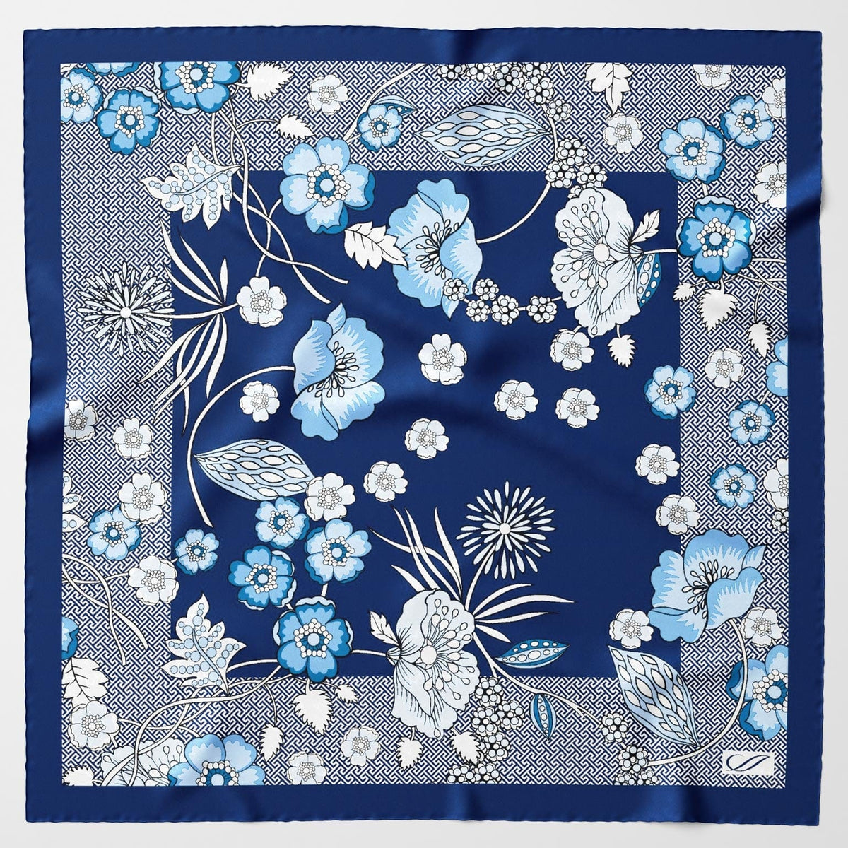 Blue Floral Print Silk Pocket Square - Handrolled