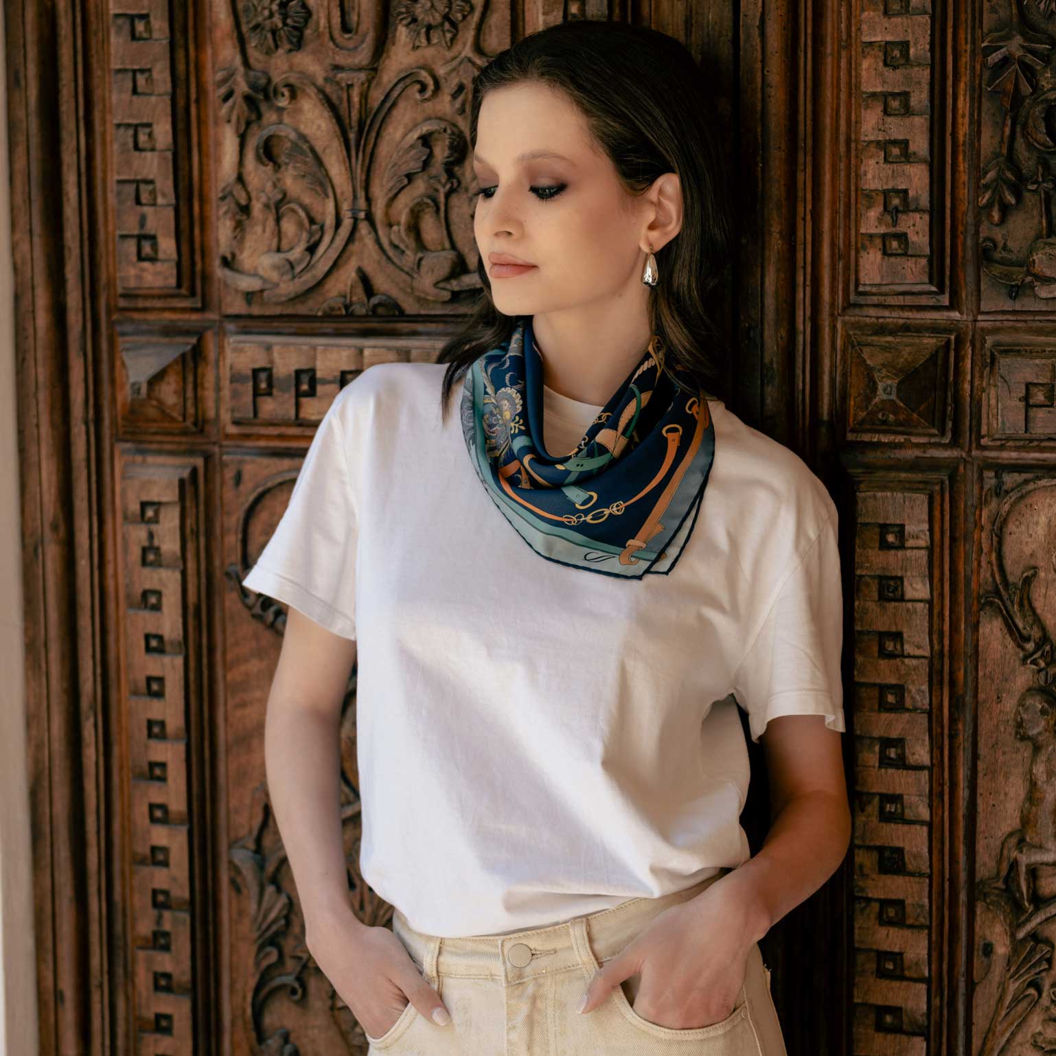 Luxury blue equestrian small silk neck scarf