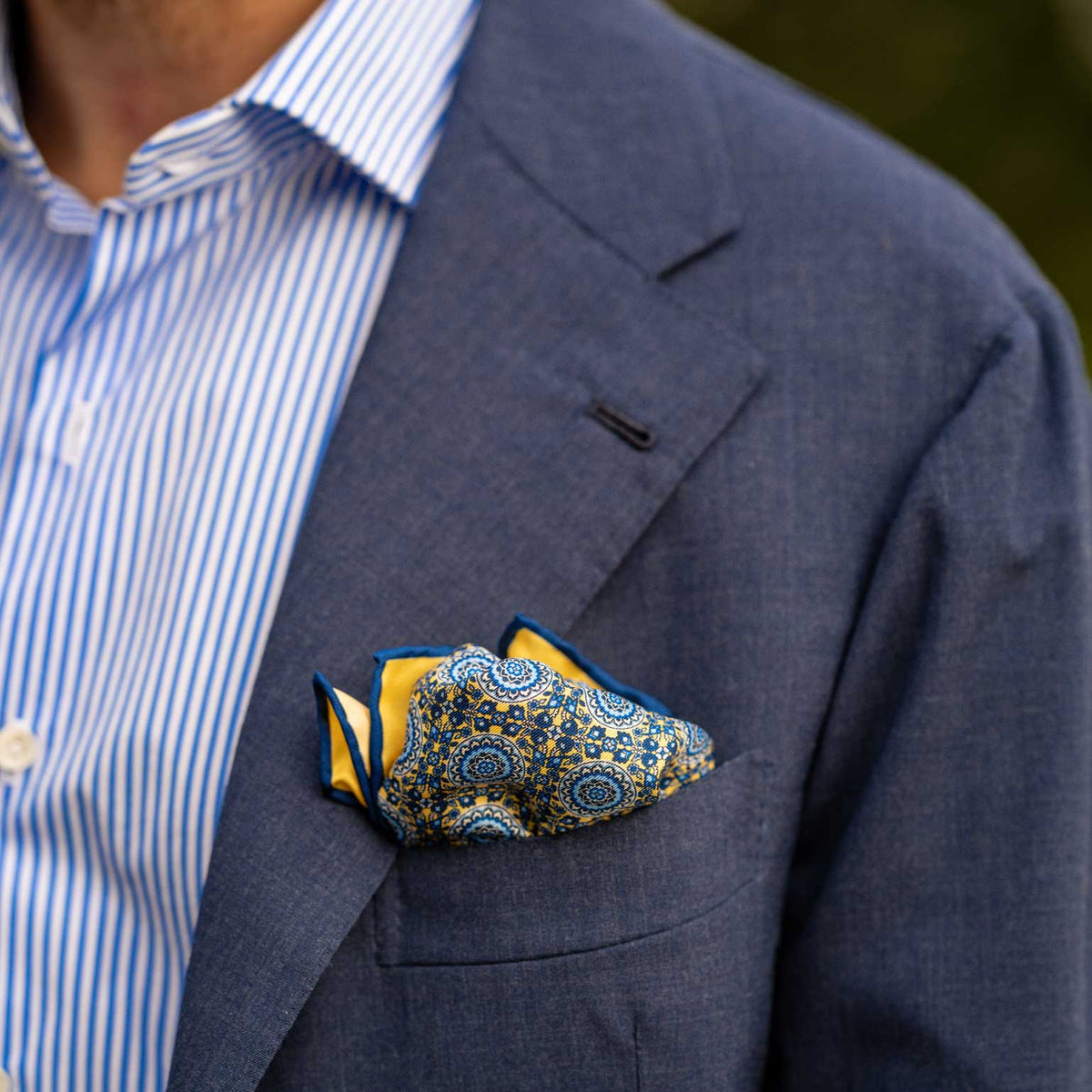 hand-rolled luxury yellow blue Italian silk pocket square