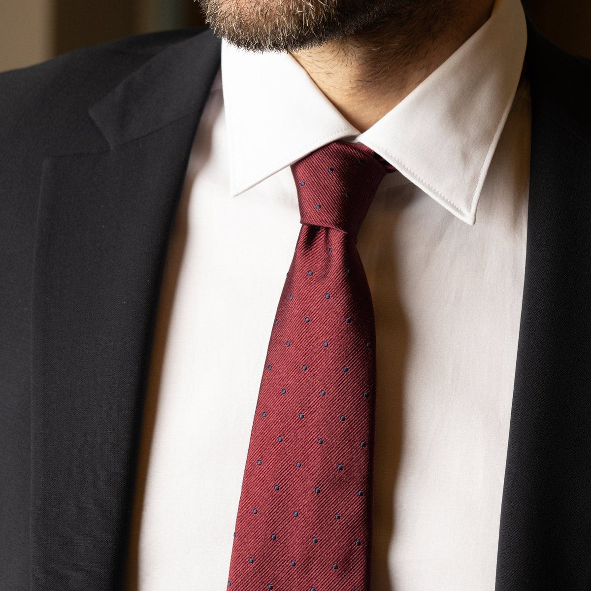 handmade burgundy polka dot Italian silk necktie