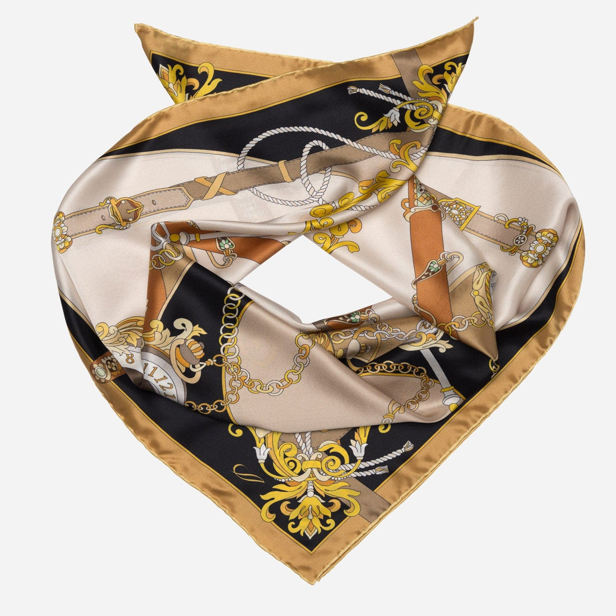 Gold Pocket Watch Design Silk Square Scarf