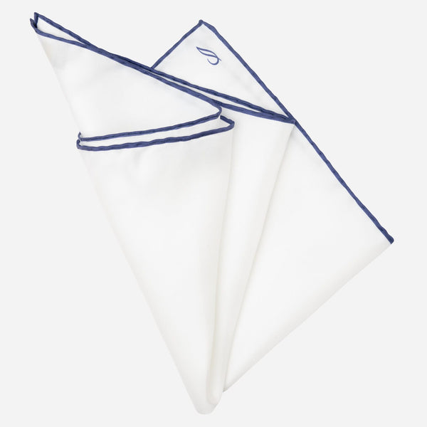 Italian White Navy Silk Pocket Square