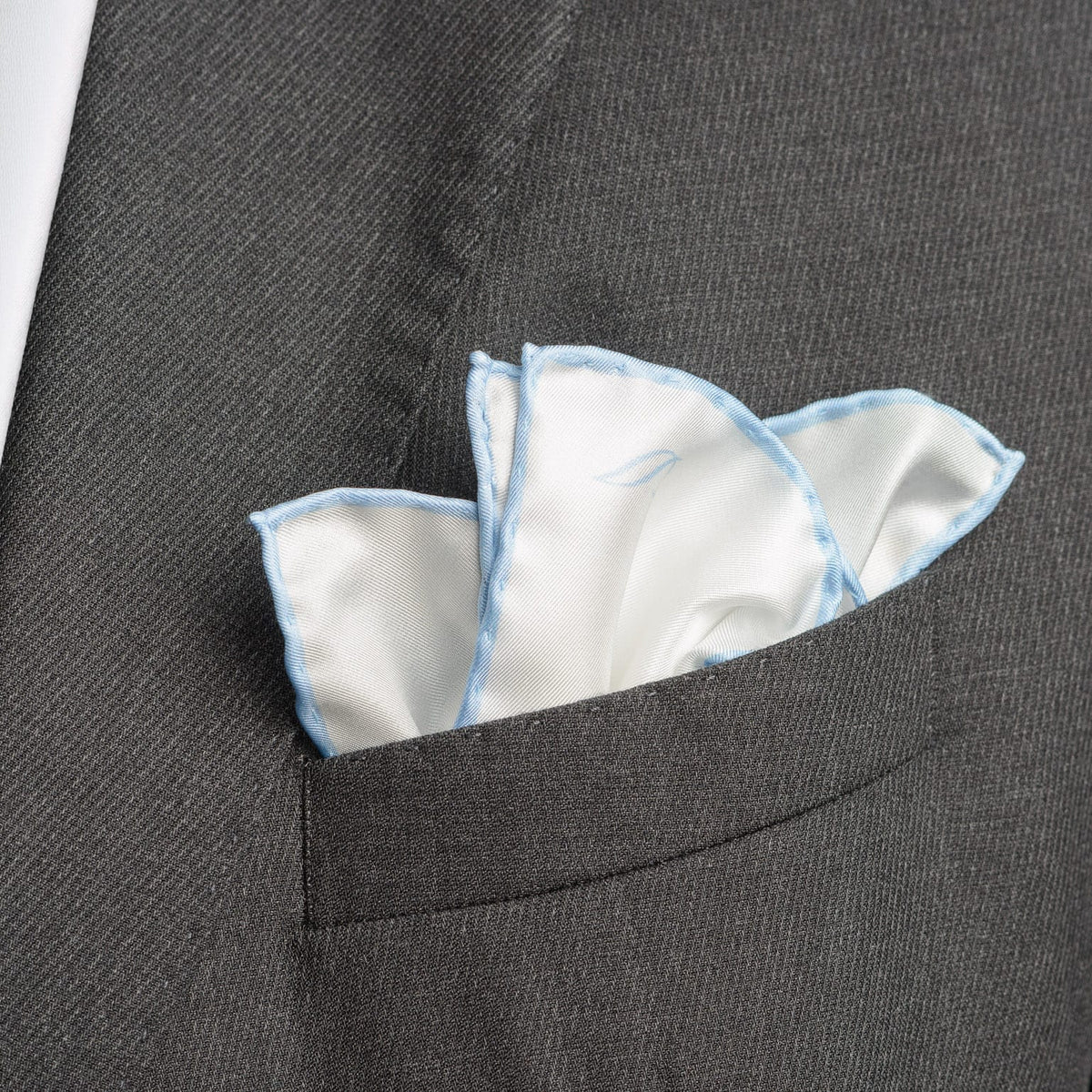 Italian White Sky Blue Silk Pocket Square