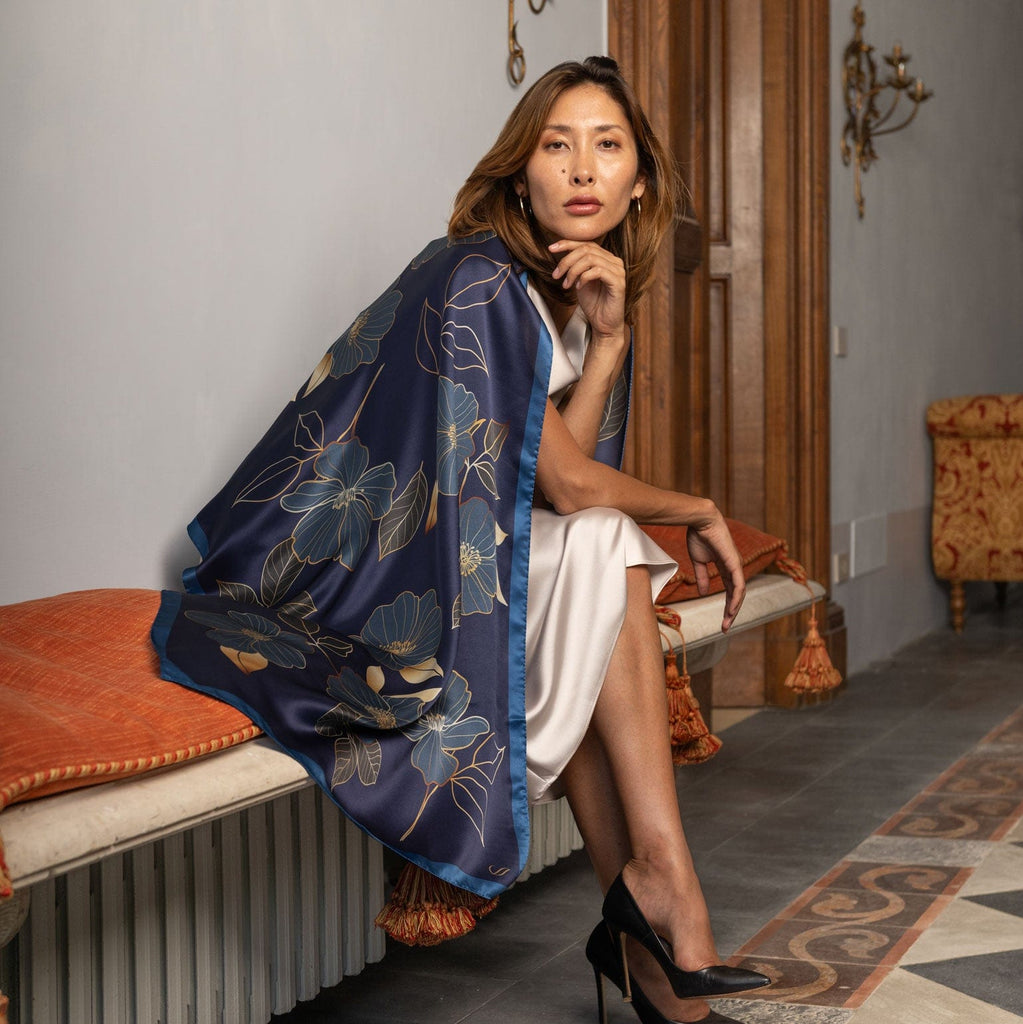 Italian Silk Satin Evening Shawl - Navy