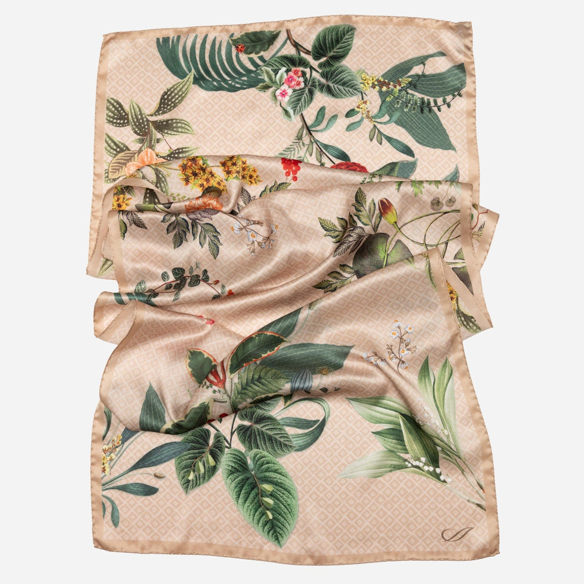 Beige Floral Italian Silk Satin Long Scarf