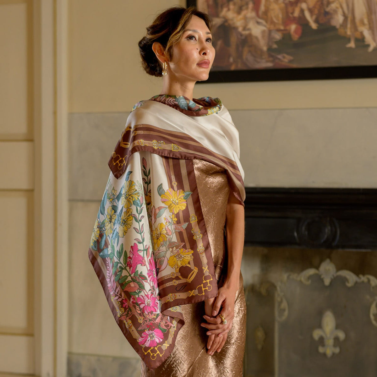 Italian Brown Floral Long Silk Scarf