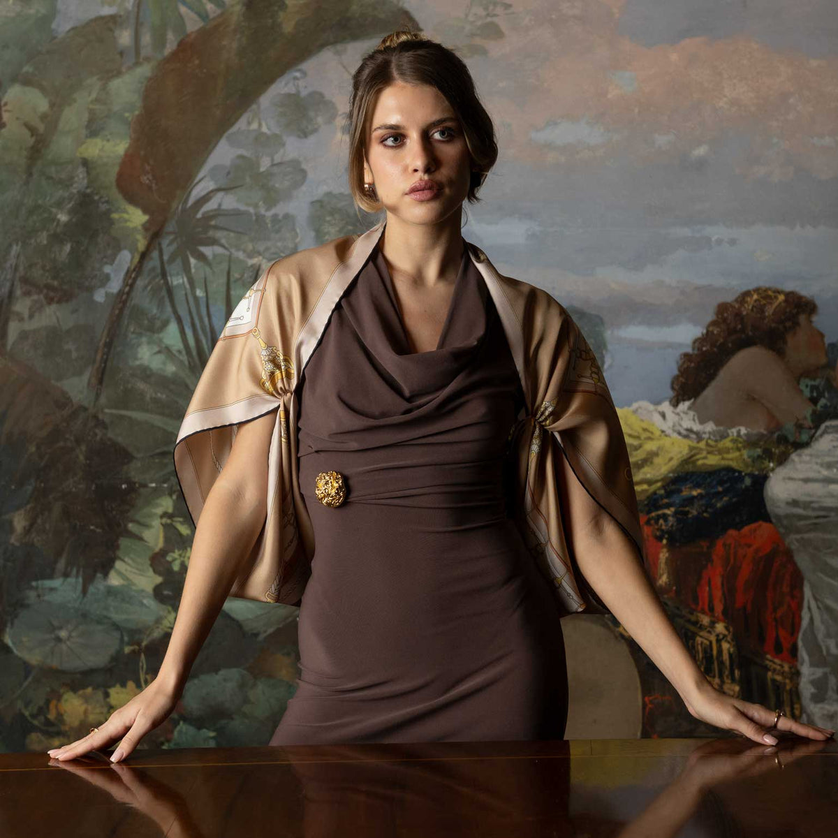 Women's Italian Silk Square Scarf - Tan