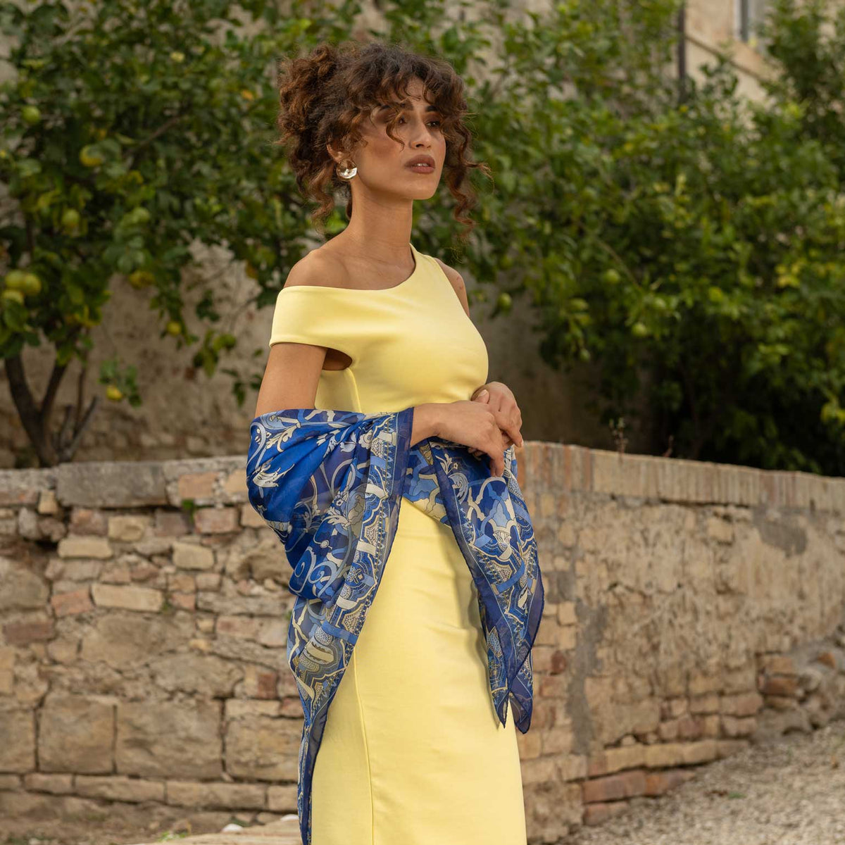 Blue Floral Silk Large Shawl Wrap