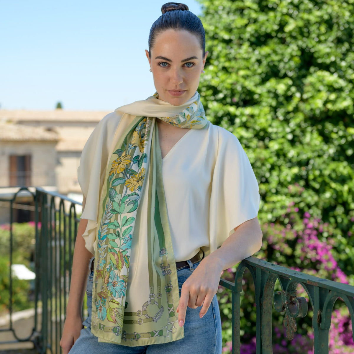 Italian Green Floral Long Silk Scarf
