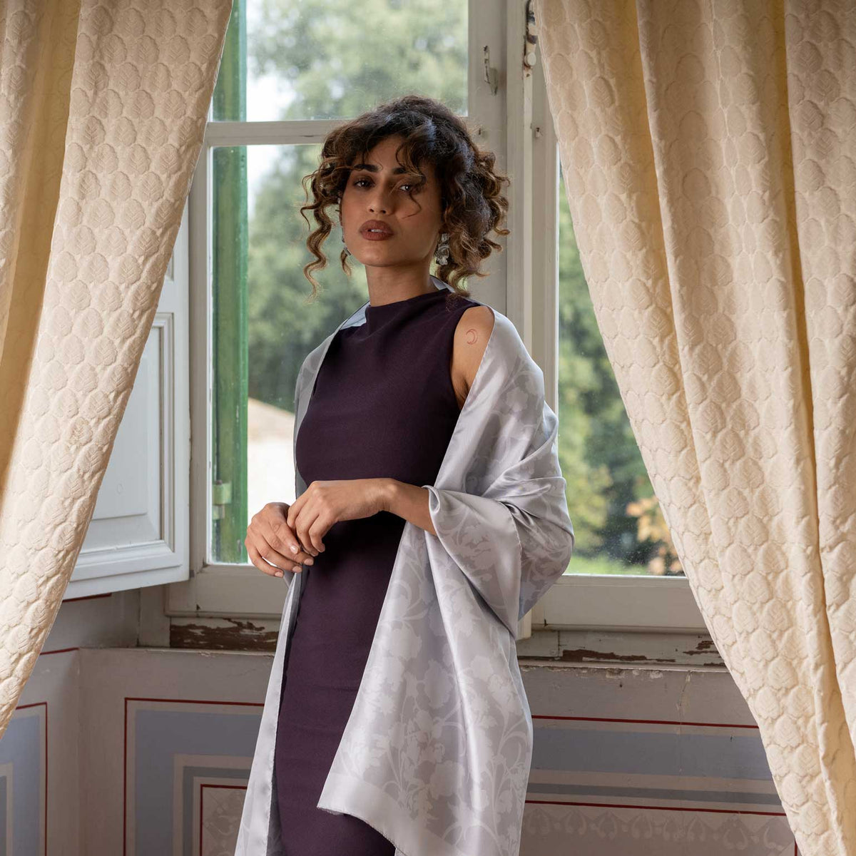 Silver Pearl Floral Silk Evening Shawl