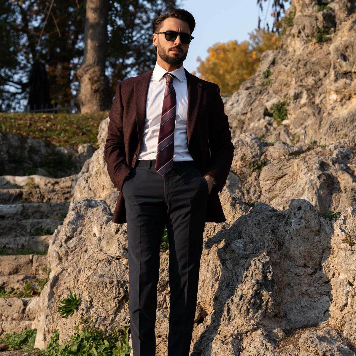 Italian designer burgundy striped silk tie